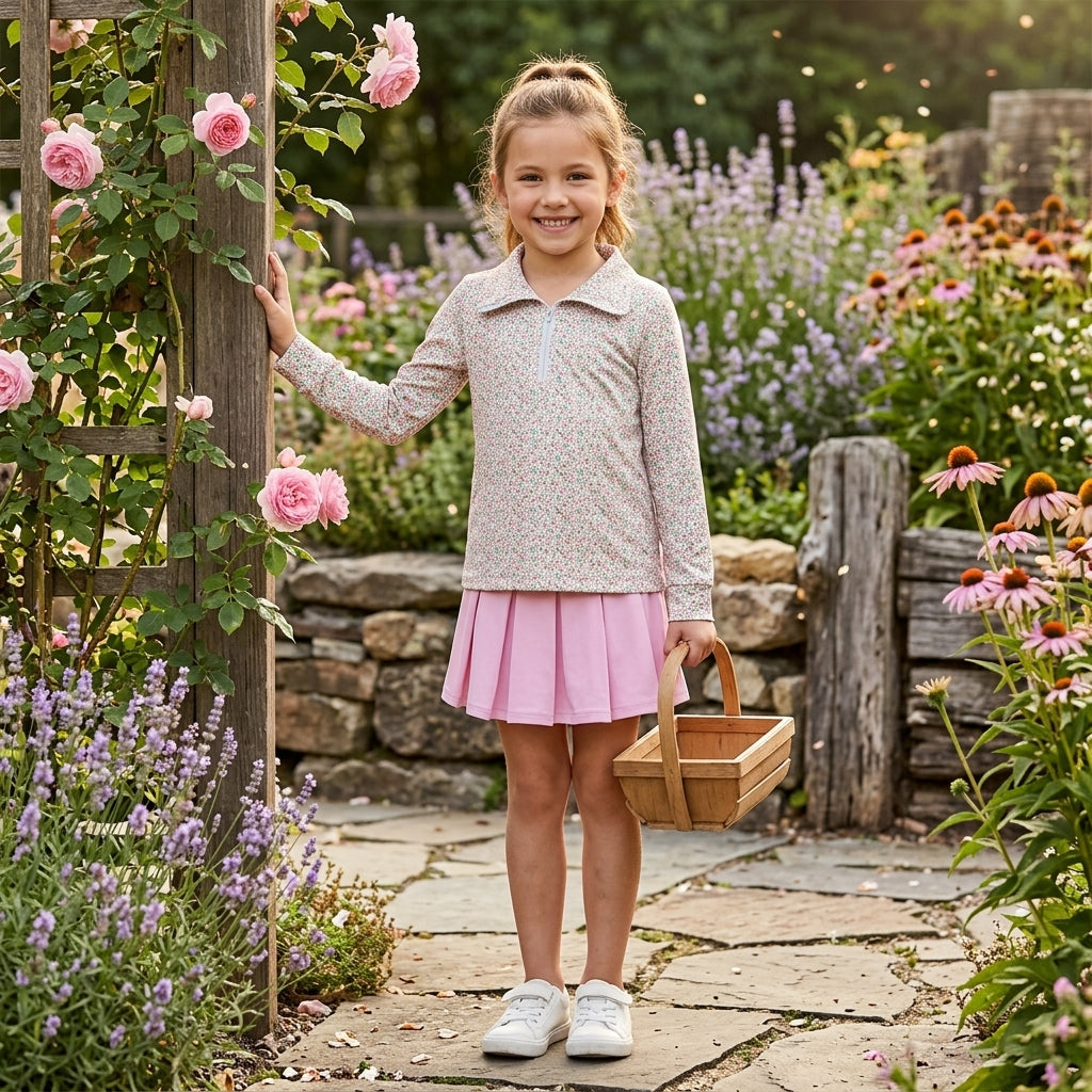 GLD1814 Floral Zipper Pullover Pink Pleated Yoga Girls Skorts Set