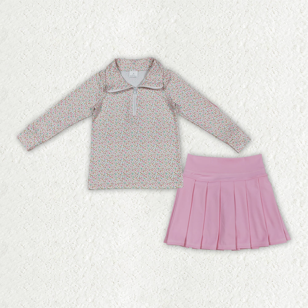 GLD1814 Floral Zipper Pullover Pink Pleated Yoga Girls Skorts Set