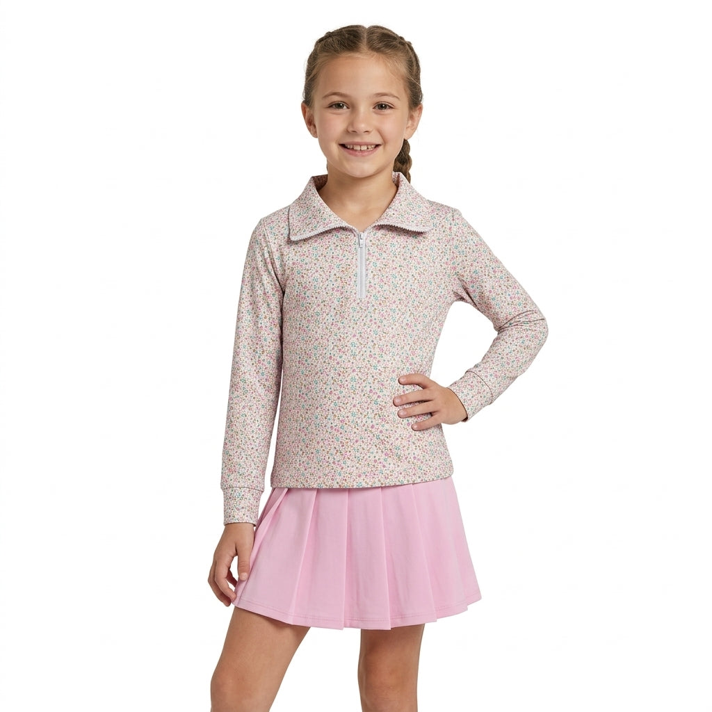 GLD1814 Floral Zipper Pullover Pink Pleated Yoga Girls Skorts Set
