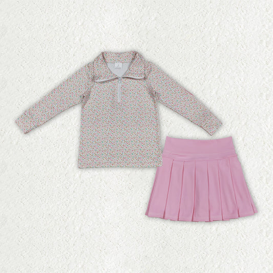 GLD1814 Floral Zipper Pullover Pink Pleated Yoga Girls Skorts Set
