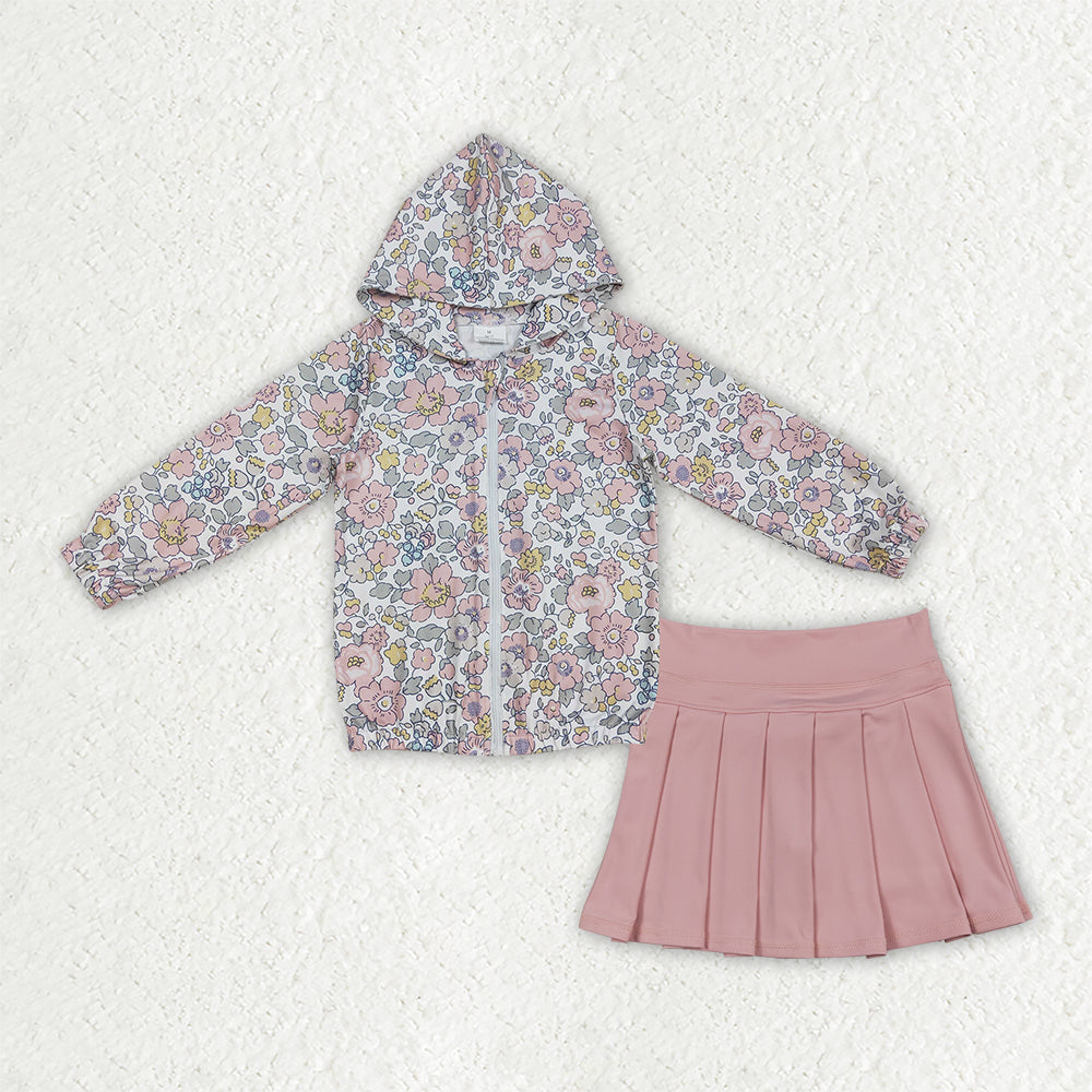 GLD1815 Floral Hoodie Zipper Pink Pleated Yoga Girls Skorts Set