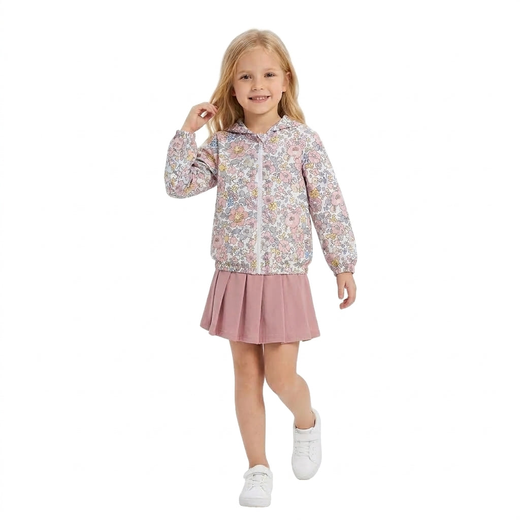 GLD1815 Floral Hoodie Zipper Pink Pleated Yoga Girls Skorts Set