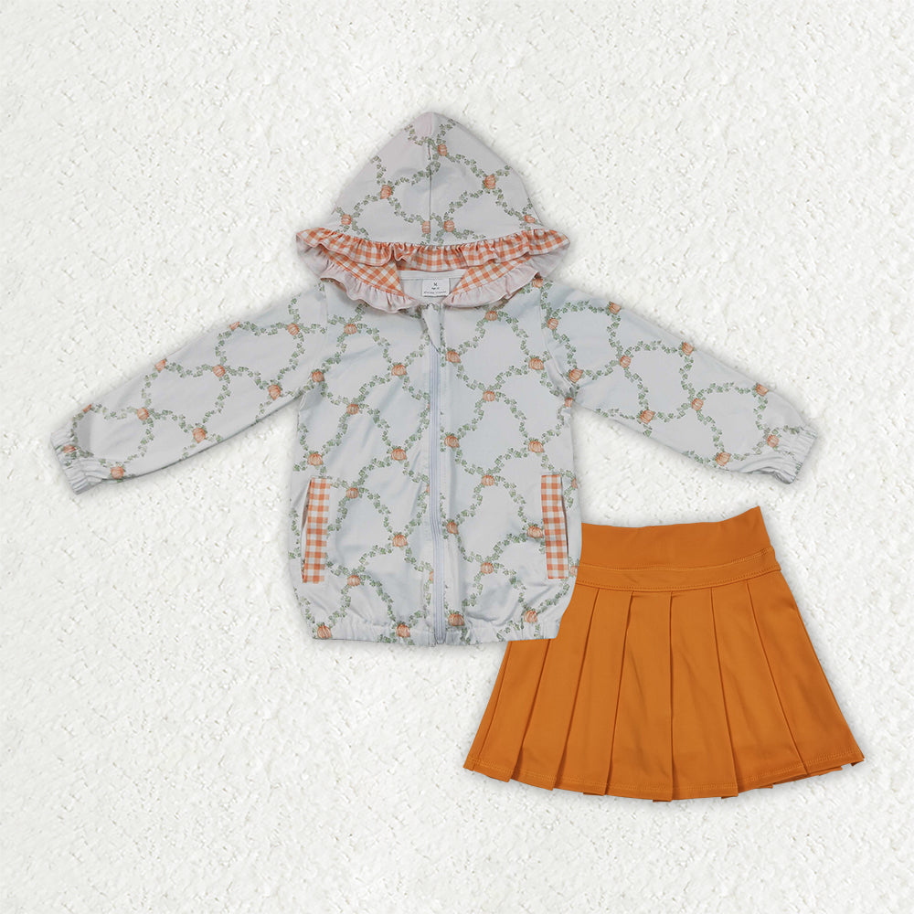 GLD1816 Fall Pumpkin Leaf Hoodie Zipper Orange Pleated Yoga Girls Skorts Set