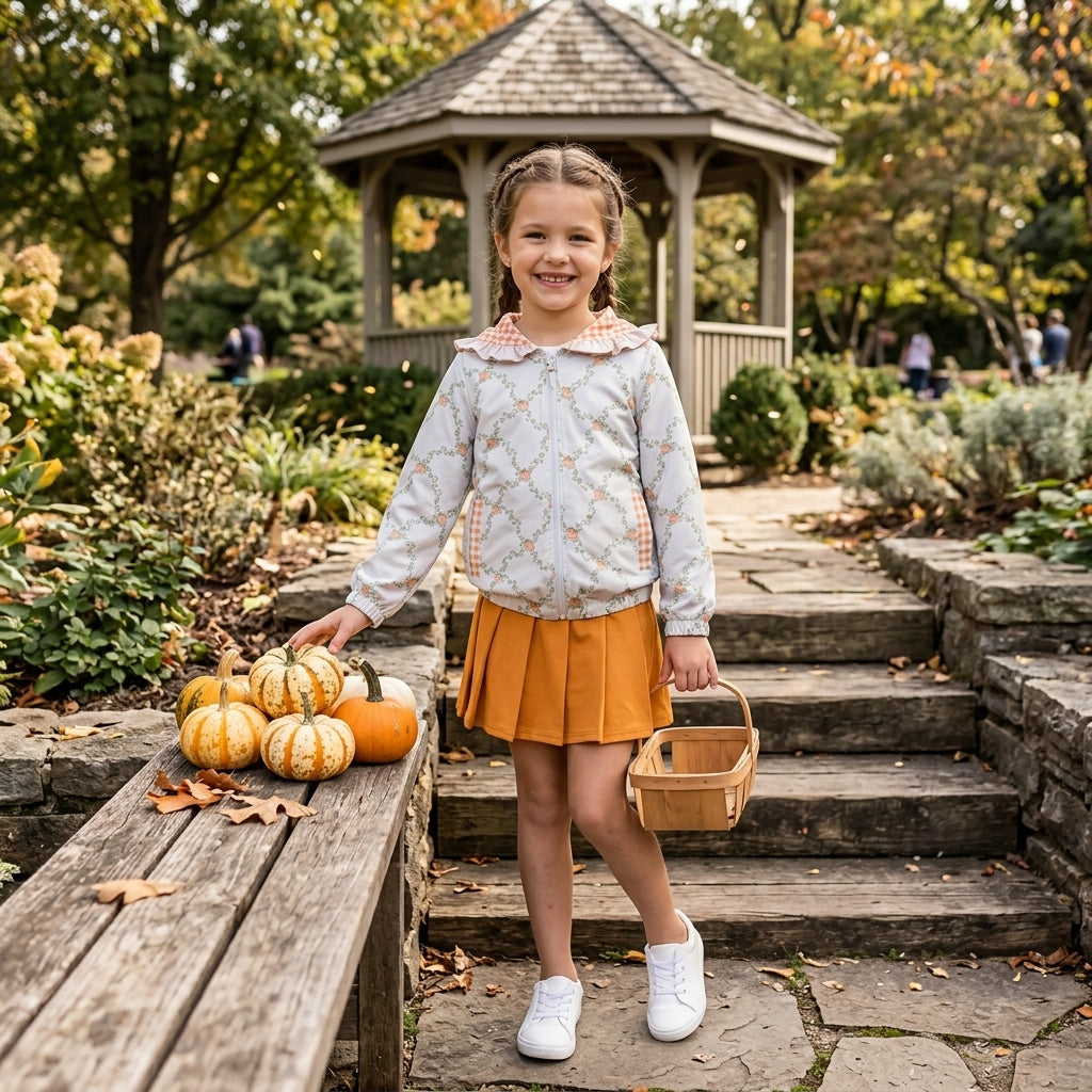 GLD1816 Fall Pumpkin Leaf Hoodie Zipper Orange Pleated Yoga Girls Skorts Set