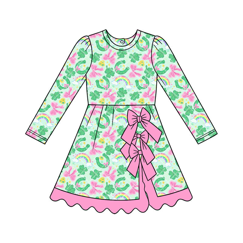 Preorder MOQ 5 pcs Each Style Saint Patrick Leaves Bows Yoga Scallop Edge Girl's Dress