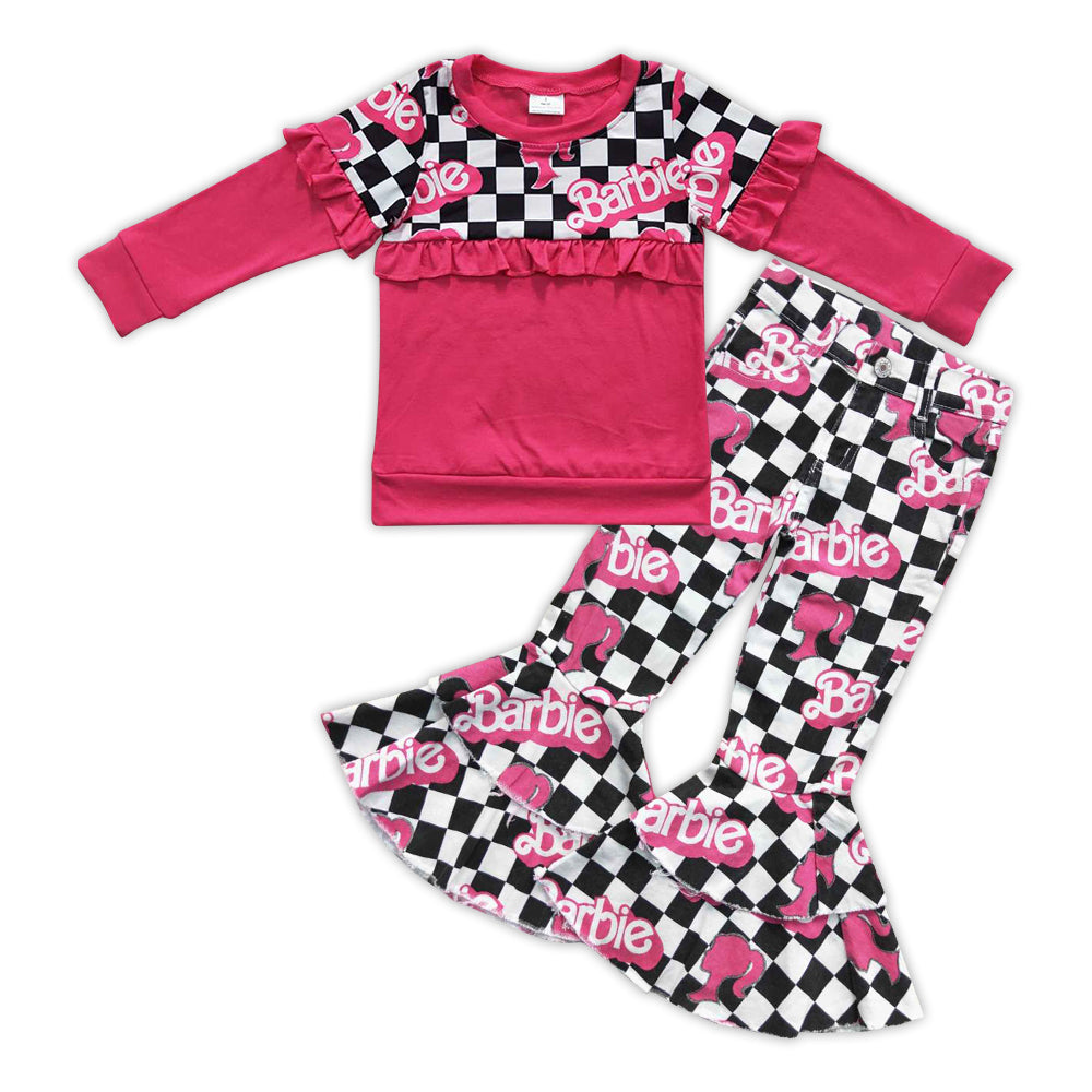 Pink Plaid Shirt + Bell Pants Jeans