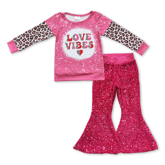 Valentine's Day Leopard Baby Shirt Purple Sequin Bell Pants