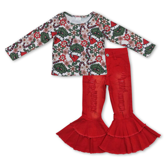 Christmas Green Cartoon Baby Shirt Red Bell Pants Jeans