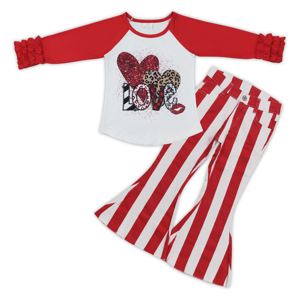 Valentine's Day Heart Baby Shirt Red Stripe Bell Pants Jeans