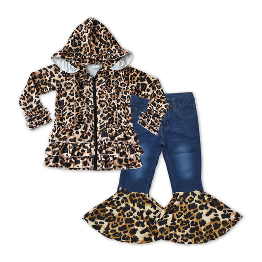 Leopard Print Cotton Girls Jacket + Leopard Bell Pants Girls Set