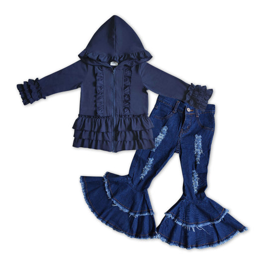 Navy Cotton Girls Jacket + Blue Bell Pants Girls Set