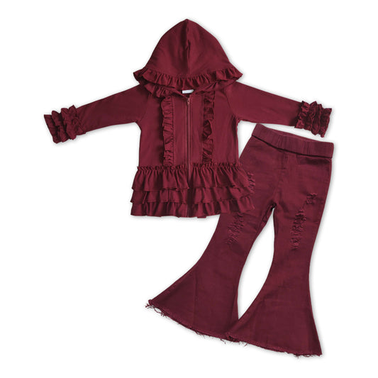 burgundy Cotton Girls Jacket + burgundy Bell Pants Girls Set