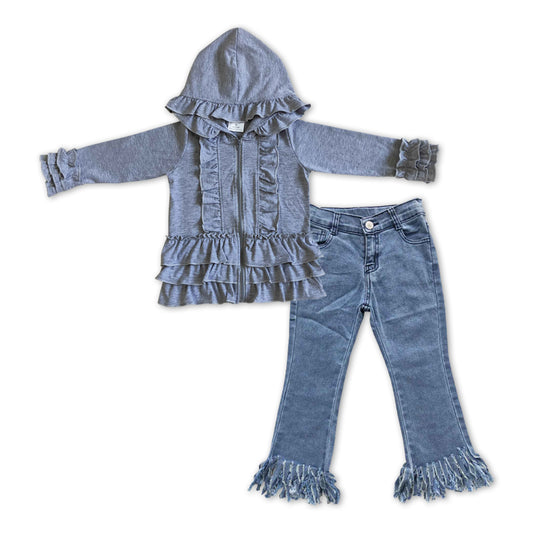 Grey Cotton Girls Jacket + Blue leggings tassel Pants Girls Set