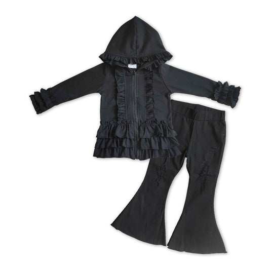 Black Cotton Girls Jacket + Black Bell Pants Girls Set