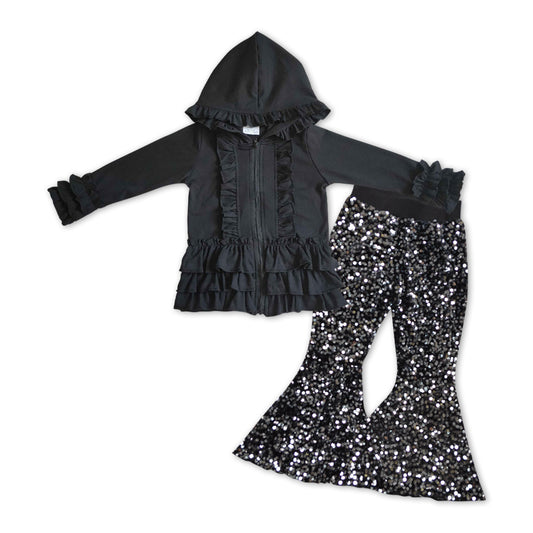 Black Cotton Girls Jacket + Black sequin Bell Pants Girls Set