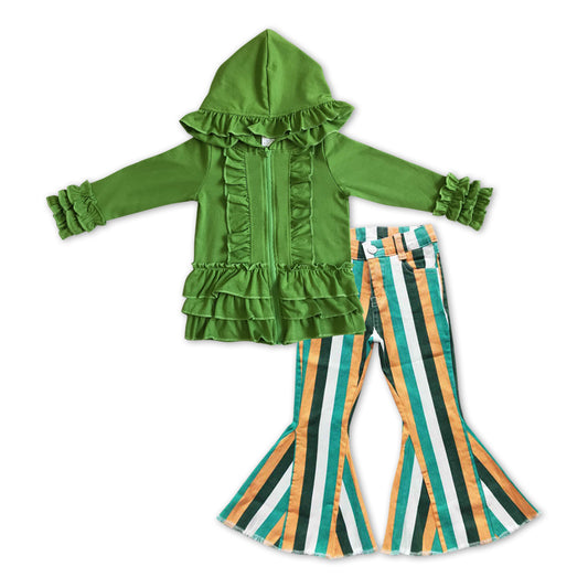 Green Cotton Girls Jacket + Stripe Bell Pants Girls Set
