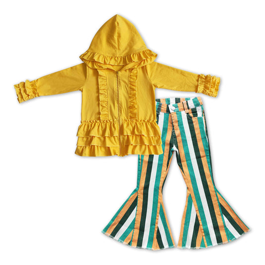 Yellow Cotton Girls Jacket + Stripe Bell Pants Girls Set