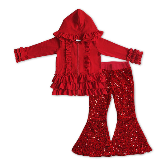 Red Cotton Girls Jacket + Red sequin Bell Pants Girls Set