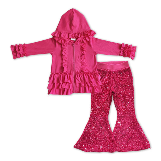 Hot Pink Cotton Girls Jacket + Hot Pink sequin Bell Pants Girls Set