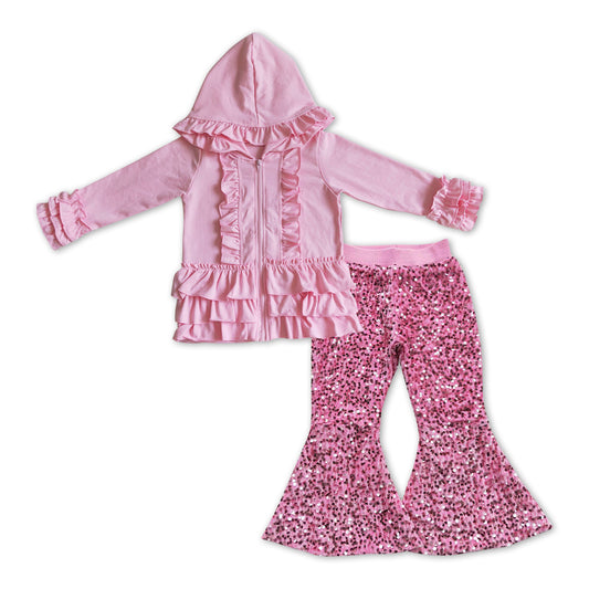 Pink Cotton Girls Jacket +  Pink sequin Bell Pants Girls Set