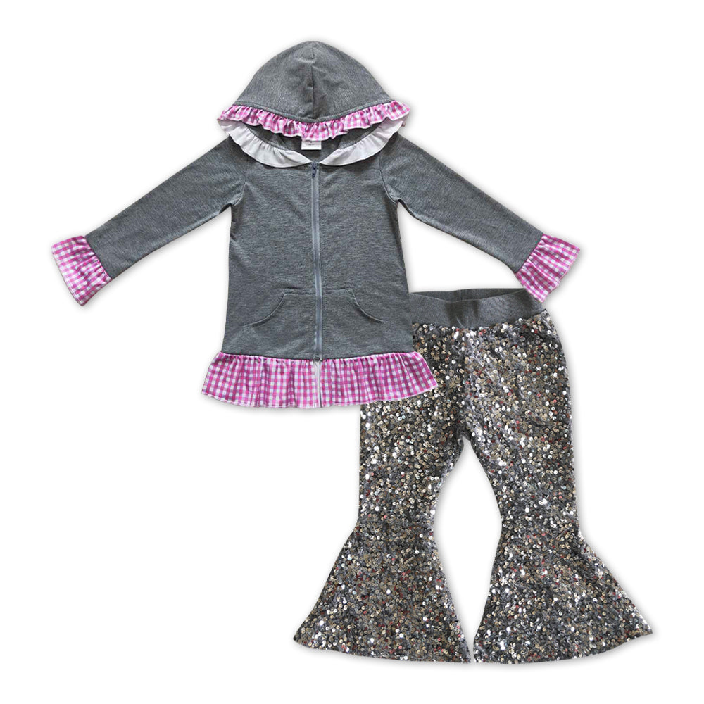 Grey Cotton Girls Jacket +  Grey sequin Bell Pants Girls Set
