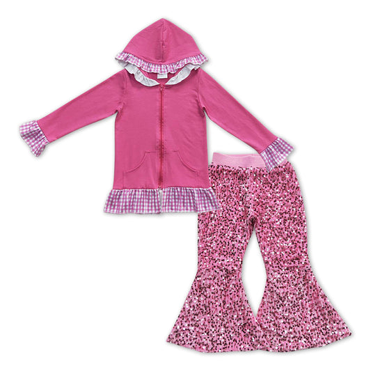 Hot Pink Cotton Girls Jacket +  Pink sequin Bell Pants Girls Set