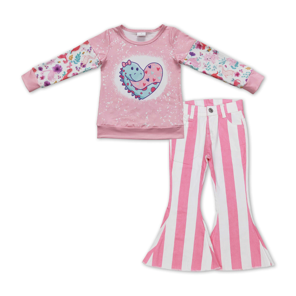 Valentine's Day Dinosaur Pink Stripes Bell Pants Jeans
