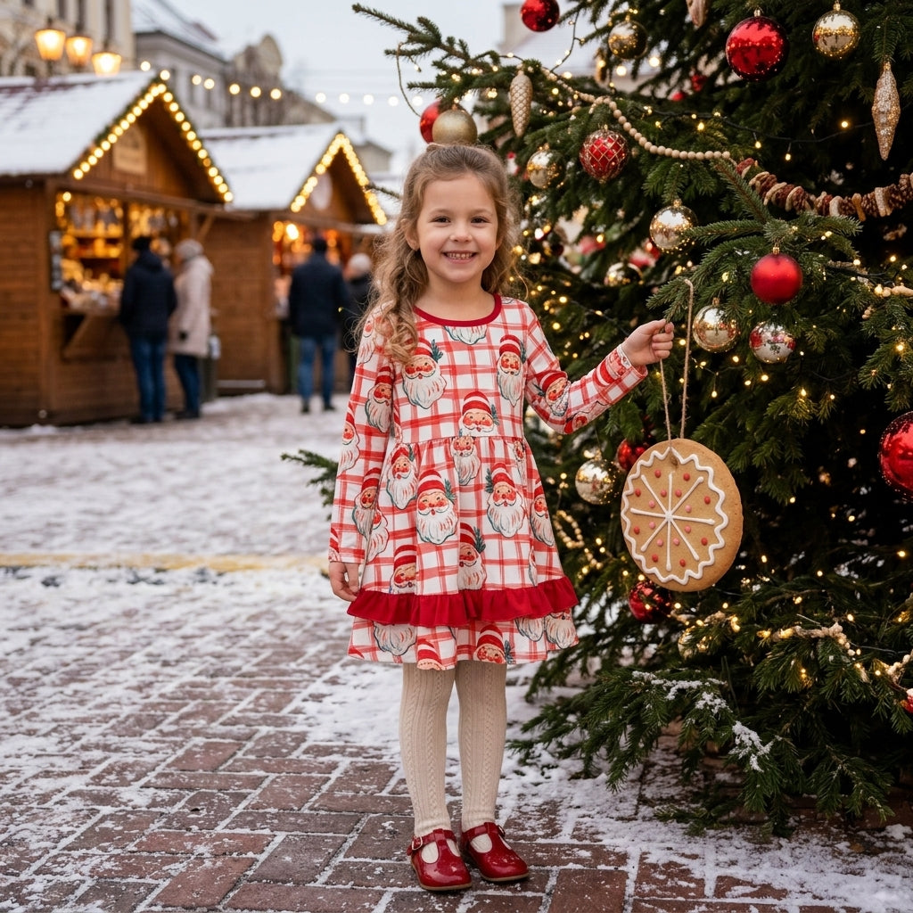 GLD1710 Christmas Santa Plaid Girl's Dress