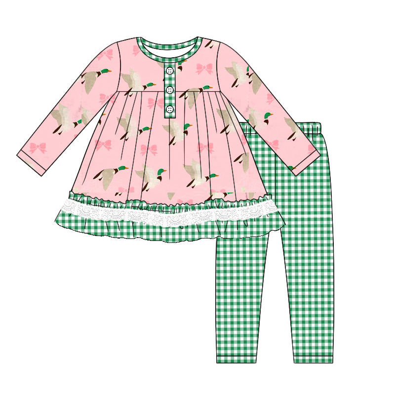 pre-order fall Pink Duck print long Sleeve Girls Set GLP1753