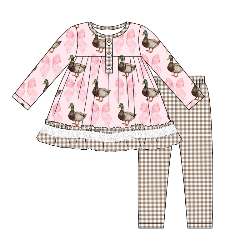 pre-order fall Pink Duck print long Sleeve plaid Girls Set GLP1754