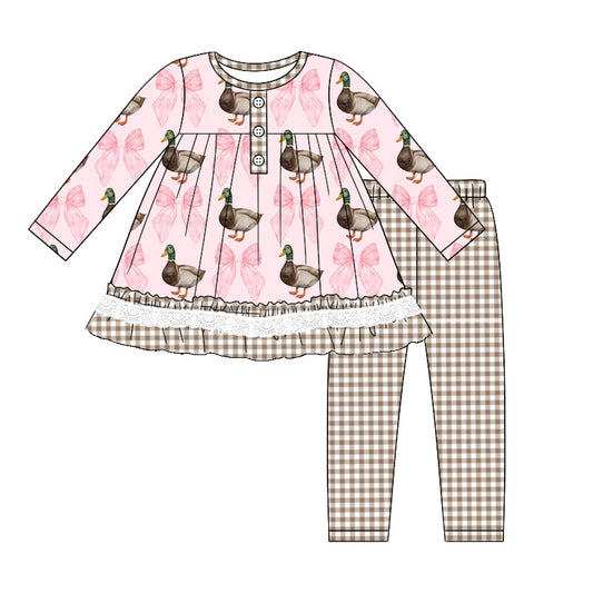 pre-order fall Pink Duck print long Sleeve plaid Girls Set GLP1754