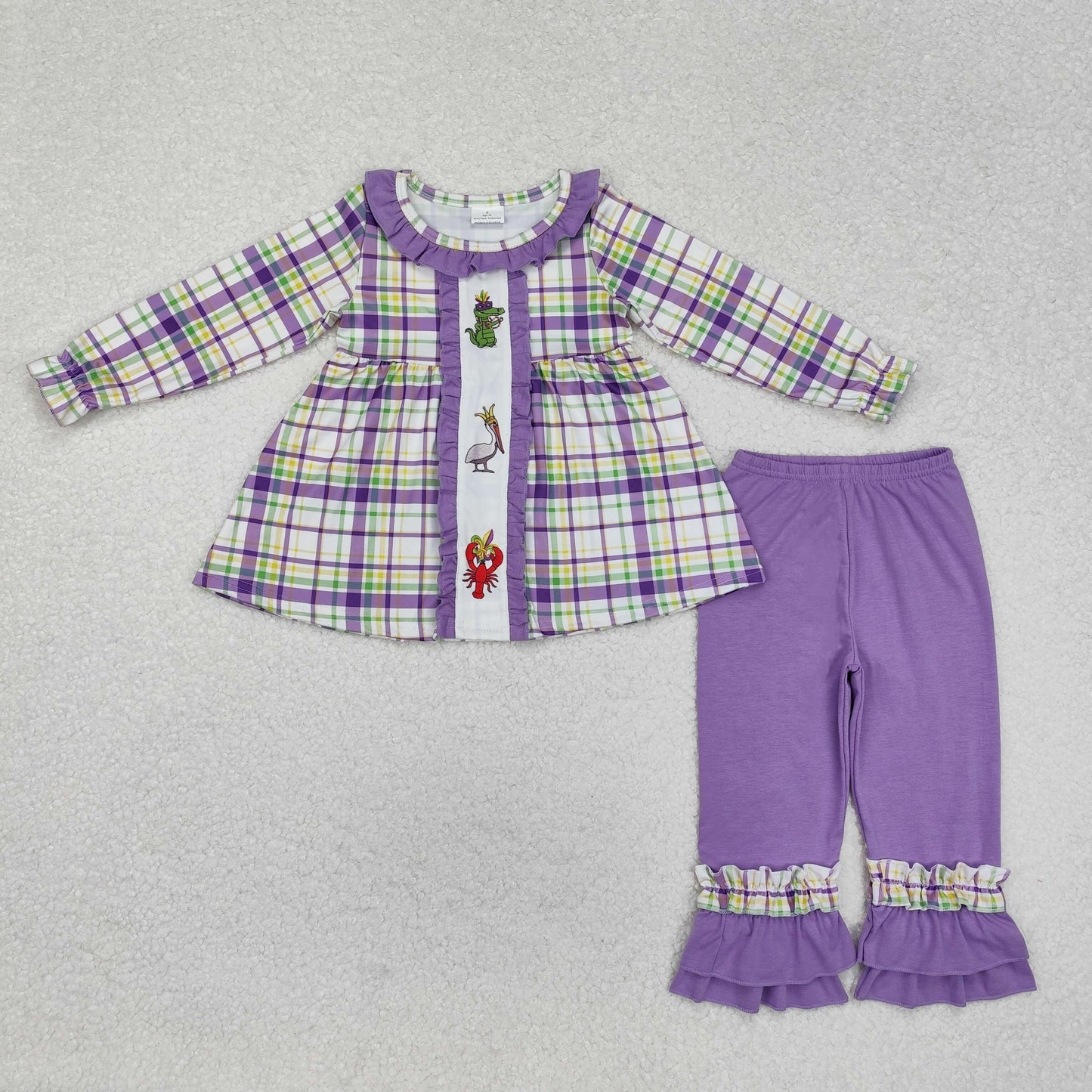 carnival embroidery purple green plaid Long Sleeve Girls Set