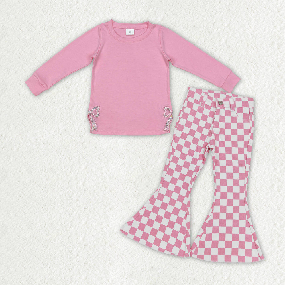 pink bow top+Pink plaid Bell jeans Girls Set