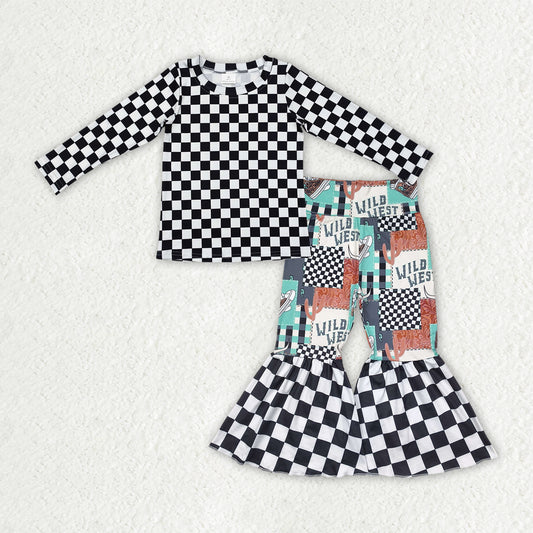 pre -order Western cattle plaid print long sleeve Girls set GLP2334