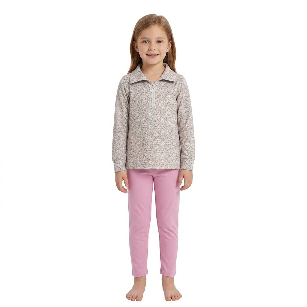 GLP2666 Flower Pink Zipper Pullover Girls Set