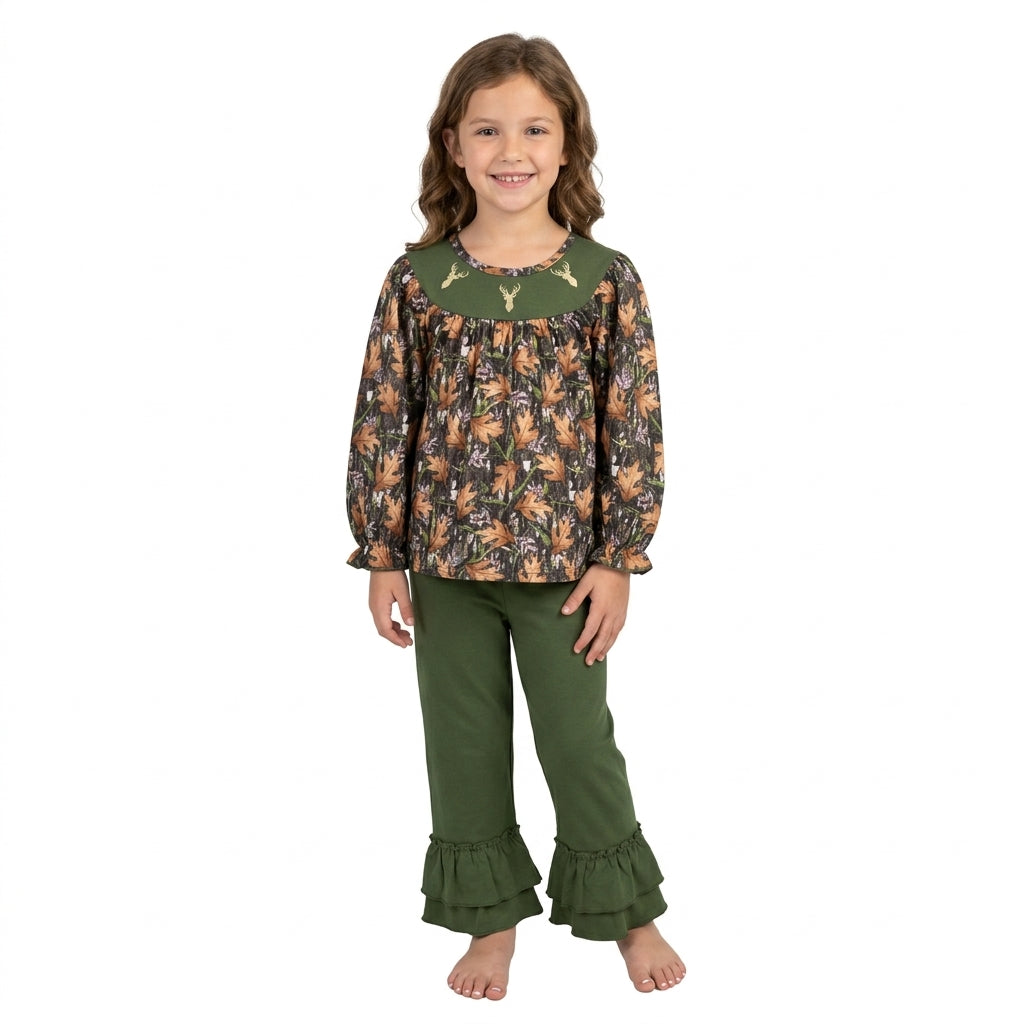 GLP2908 Embroidery Hunting Elk Army Green Girls Set