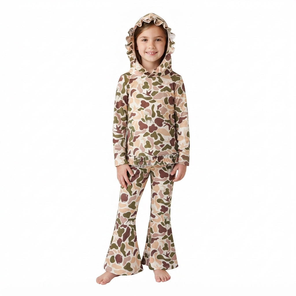 GLP3079 Hunting Dog Camo Ruffles Hoodie Girls Set