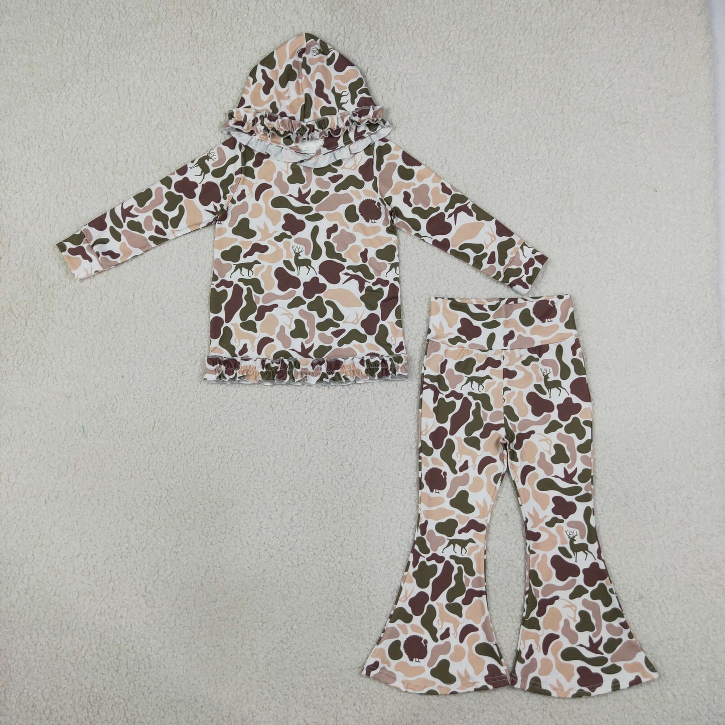 GLP3079 Hunting Dog Camo Ruffles Hoodie Girls Set
