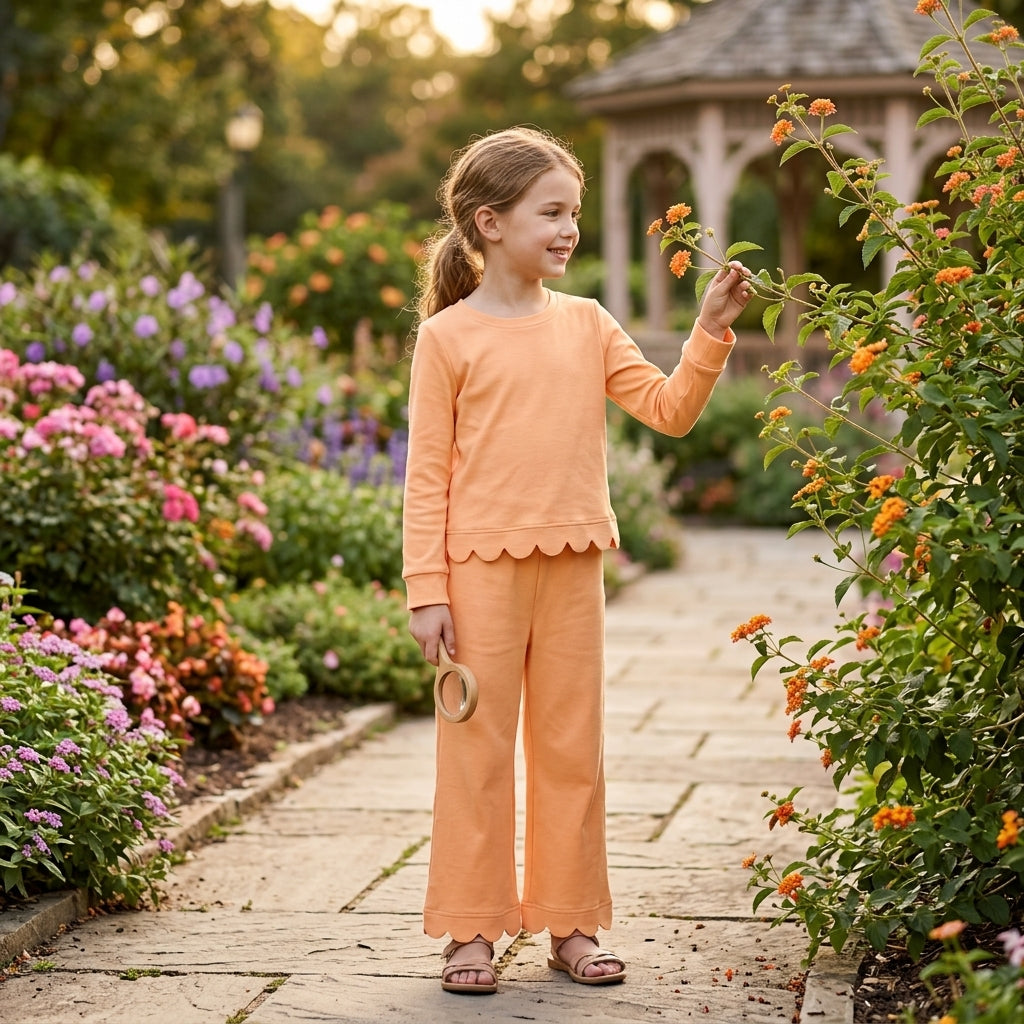 GLP3295 Orange Solid Color Scallop Edge Cotton Girls Set