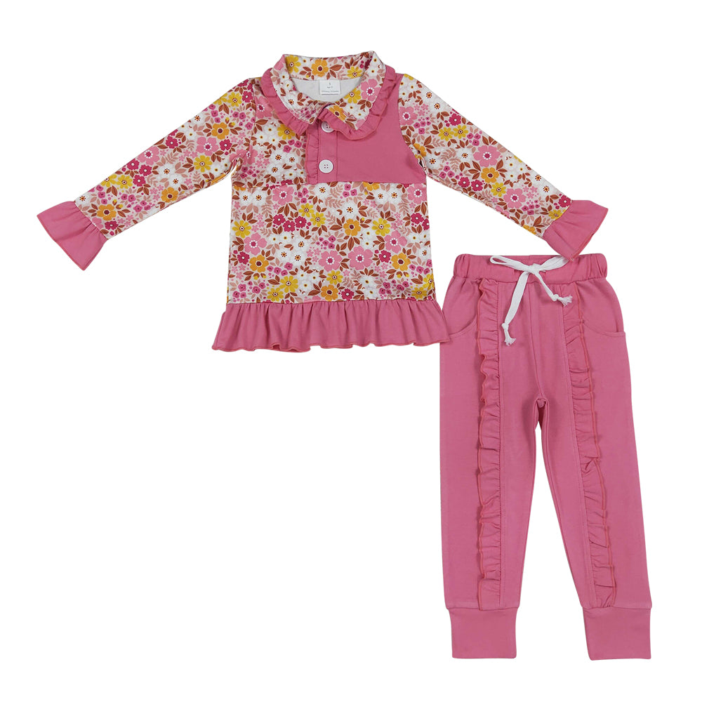 Fall Pink flowers Sleeve Girls Set  GLP3315