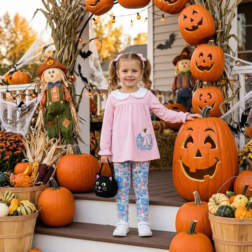 GLP3319 Embroidery Pumpkin Bows Flower Purple Girls Set