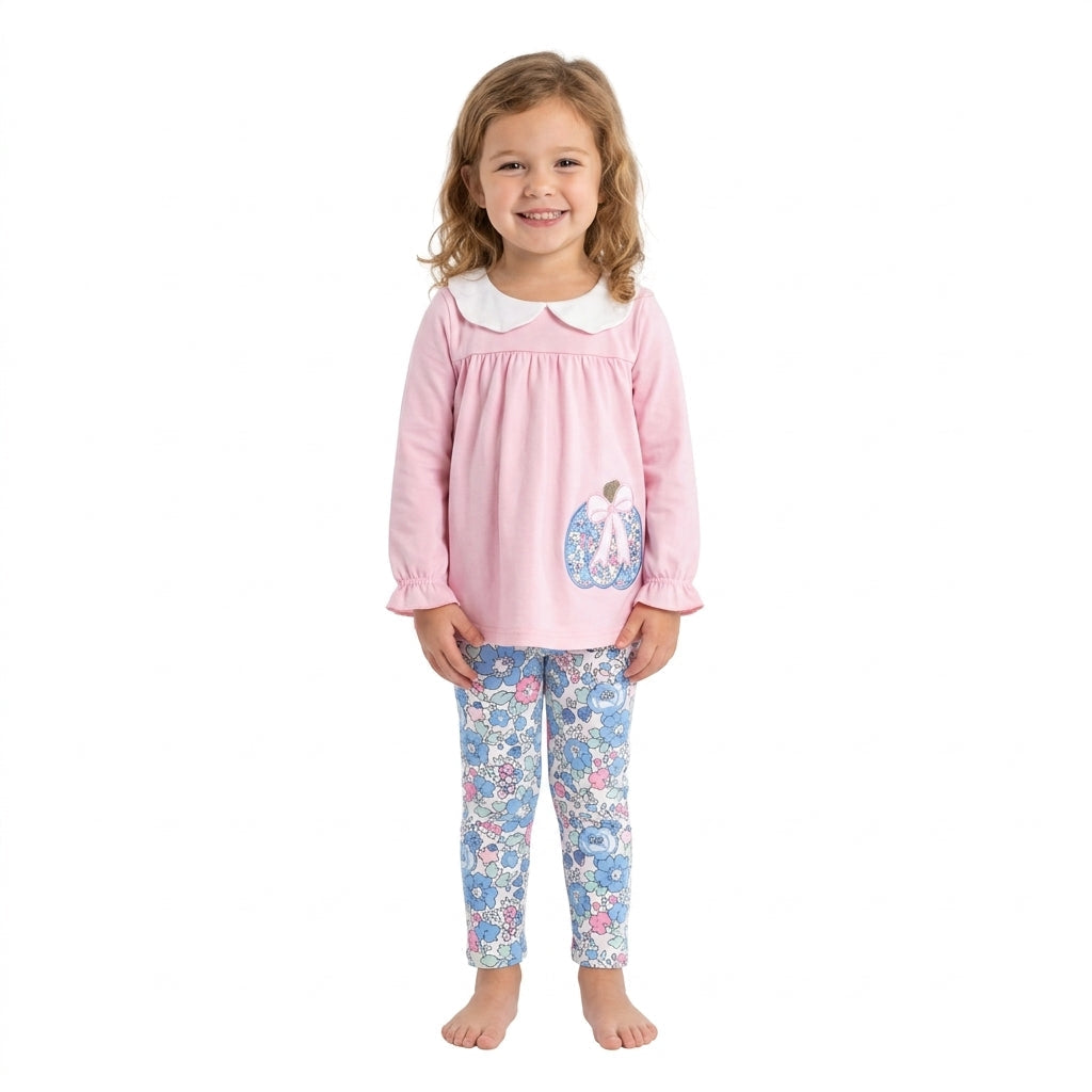 GLP3319 Embroidery Pumpkin Bows Flower Purple Girls Set