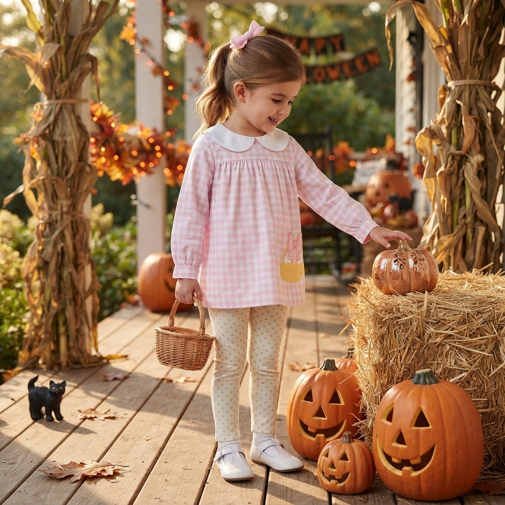 GLP3320 Embroidery Halloween Candy Corn Bows Pink Plaid Dots Girls Set