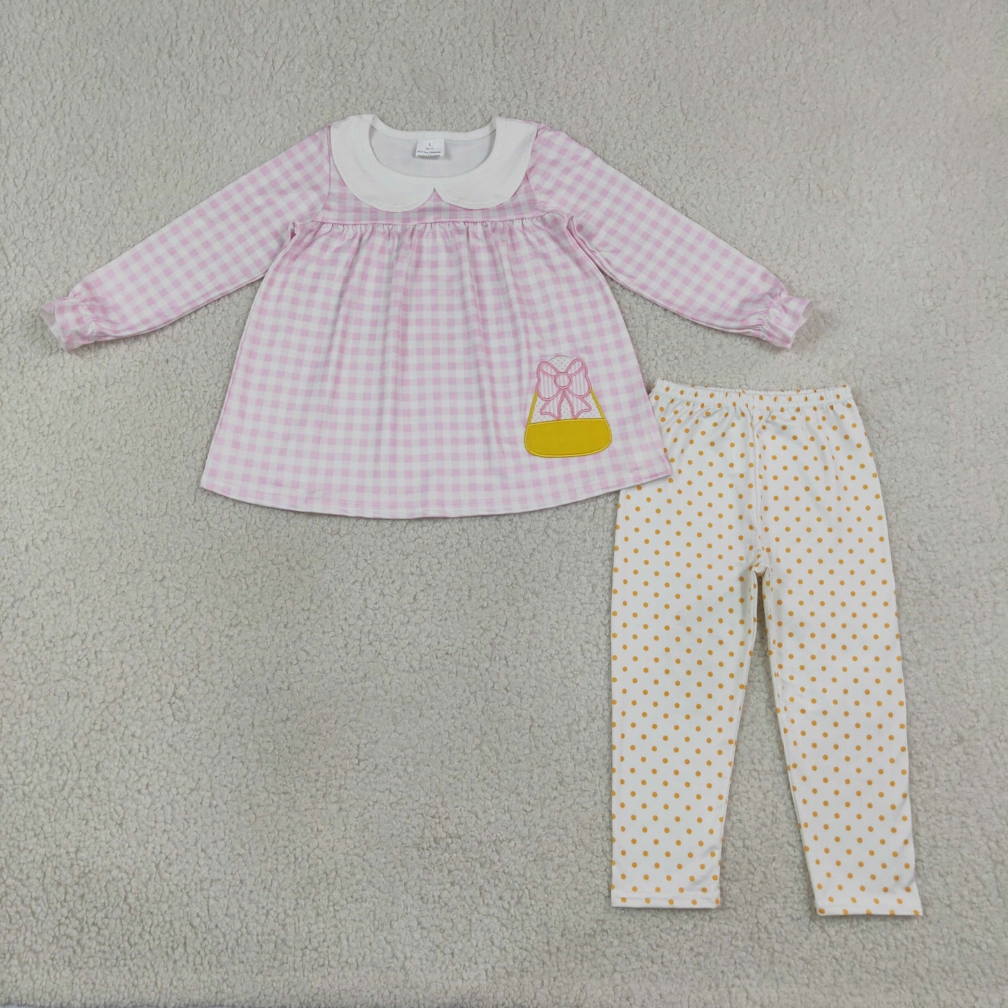 GLP3320 Embroidery Halloween Candy Corn Bows Pink Plaid Dots Girls Set
