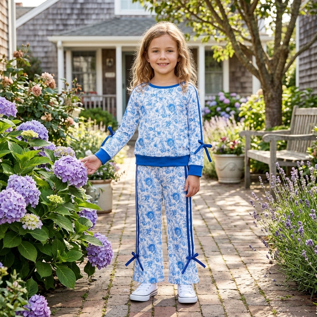 GLP3364 Blue Color Flower Bows Stripe Girls Set