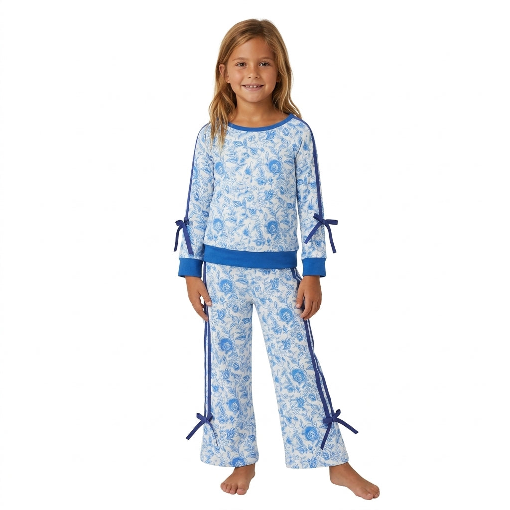 GLP3364 Blue Color Flower Bows Stripe Girls Set