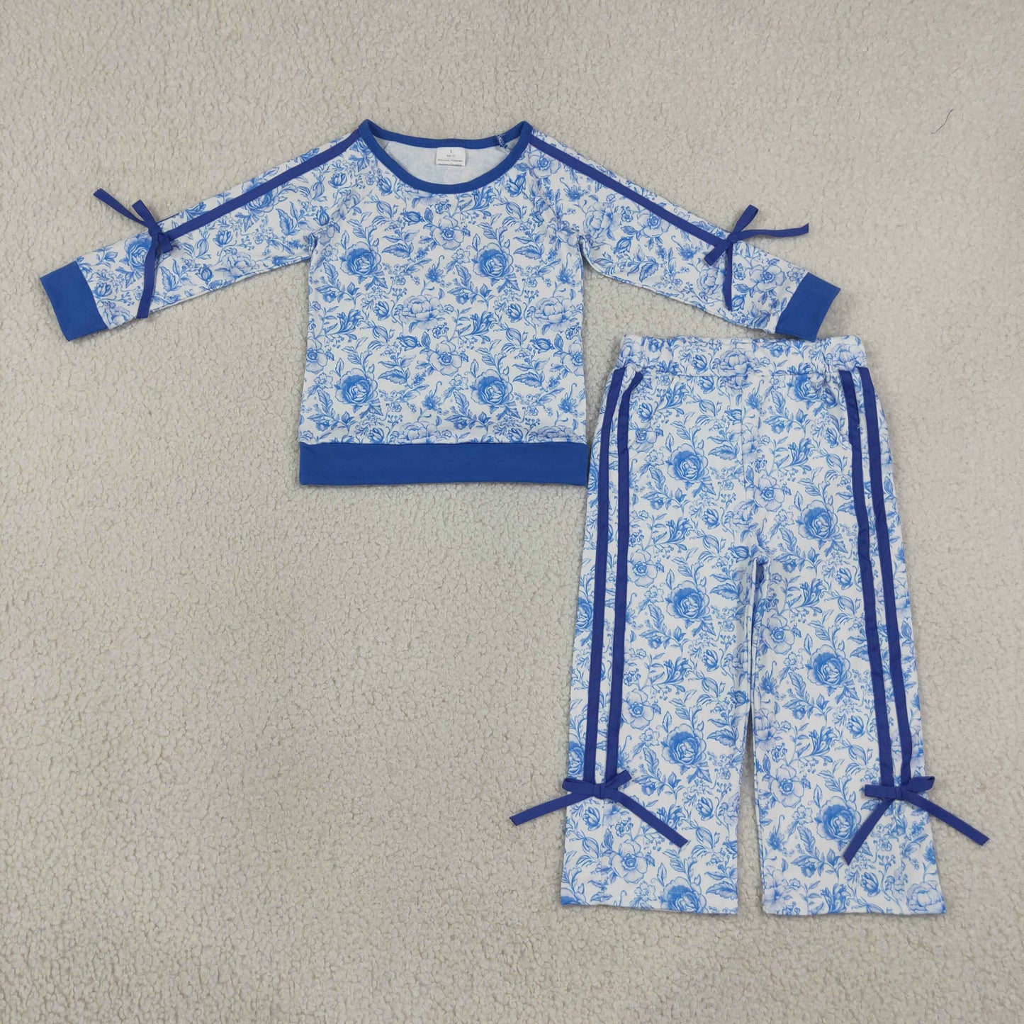GLP3364 Blue Color Flower Bows Stripe Girls Set