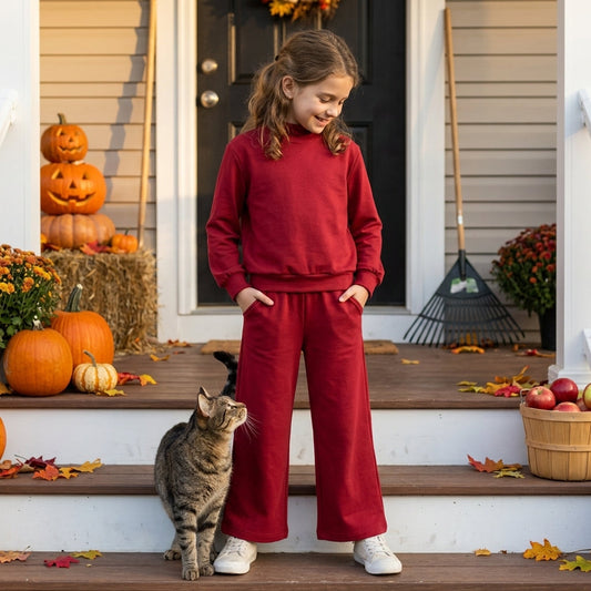 GLP3413 Solid Color Dark Red Middle Neckline Girls Set