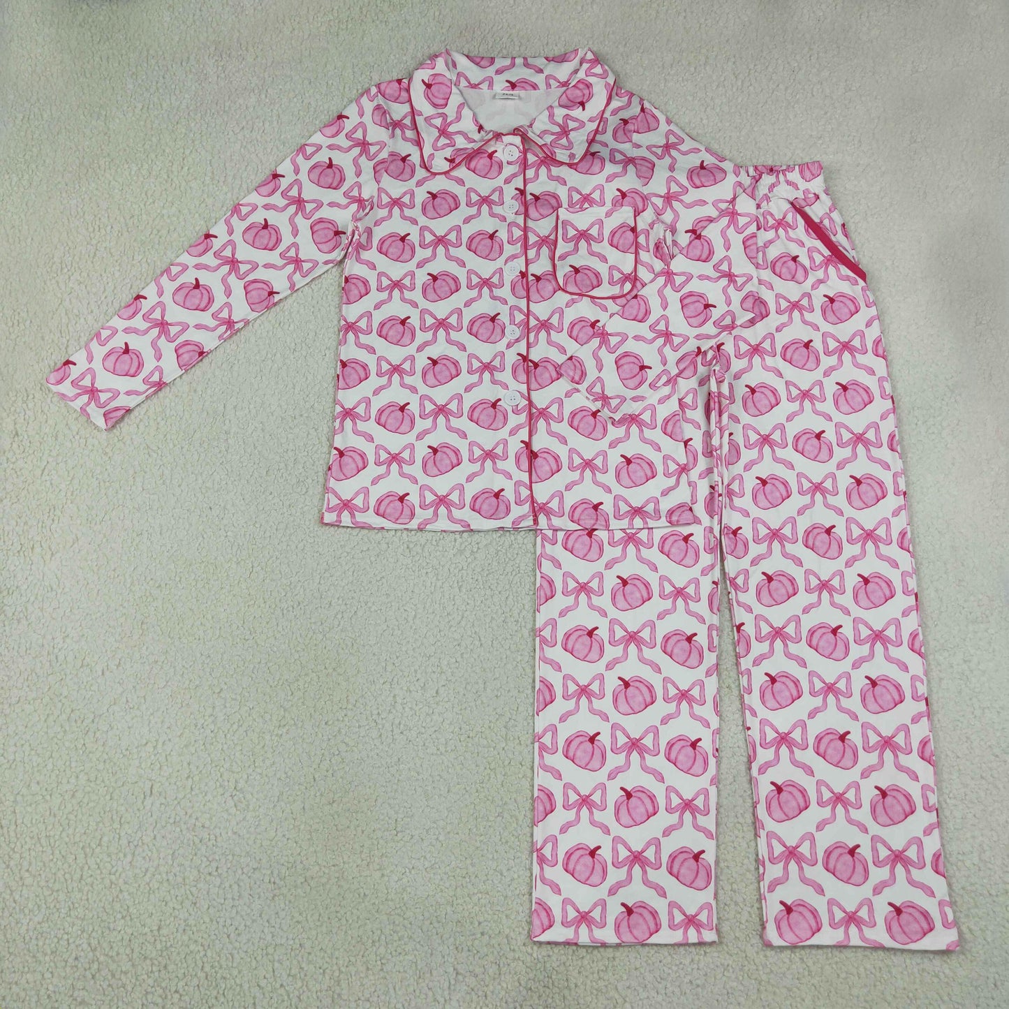 GLP3423 Fall Pumpkin Bows Bows Buttons Adult Women Pajamas Set