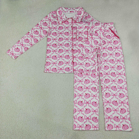 GLP3423 Fall Pumpkin Bows Bows Buttons Adult Women Pajamas Set